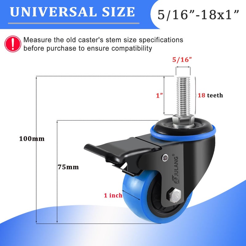 Julang 2 inch Caster Wheels 5/16" Threaded Stem Casters Set of 4 Heavy Duty, Locking & Stem Mount (UNC 5/16" -18 x1 & Weight Capacity 580 lbs) Casters for Wire Shelving, Carts, Furniture.(Blue) - Image 3